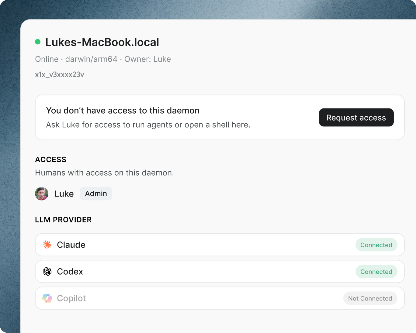 Cyborg7 daemon access card showing per-machine permissions, who has access, and which LLM providers are connected