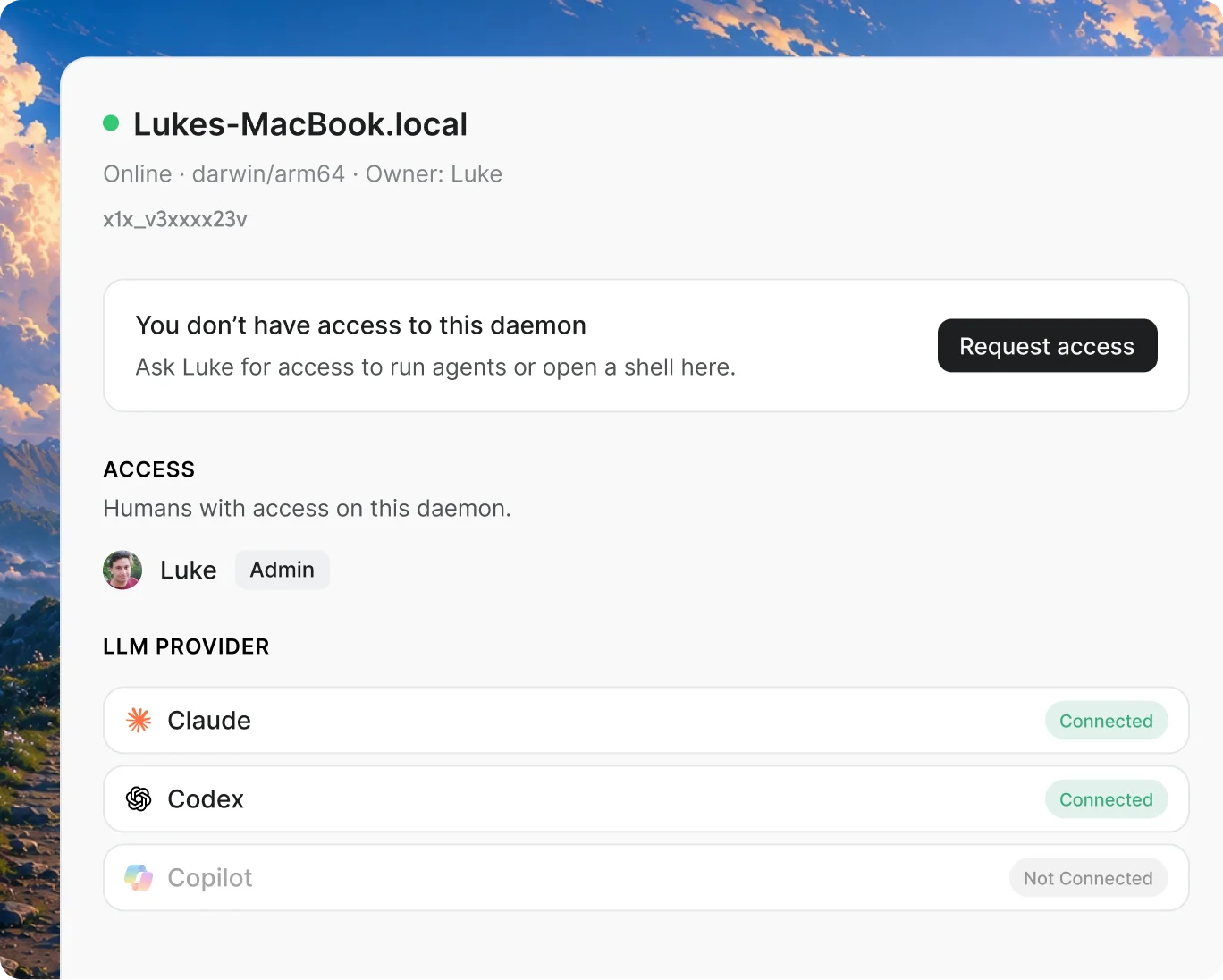 Cyborg7 daemon access card showing per-machine permissions, who has access, and which LLM providers are connected