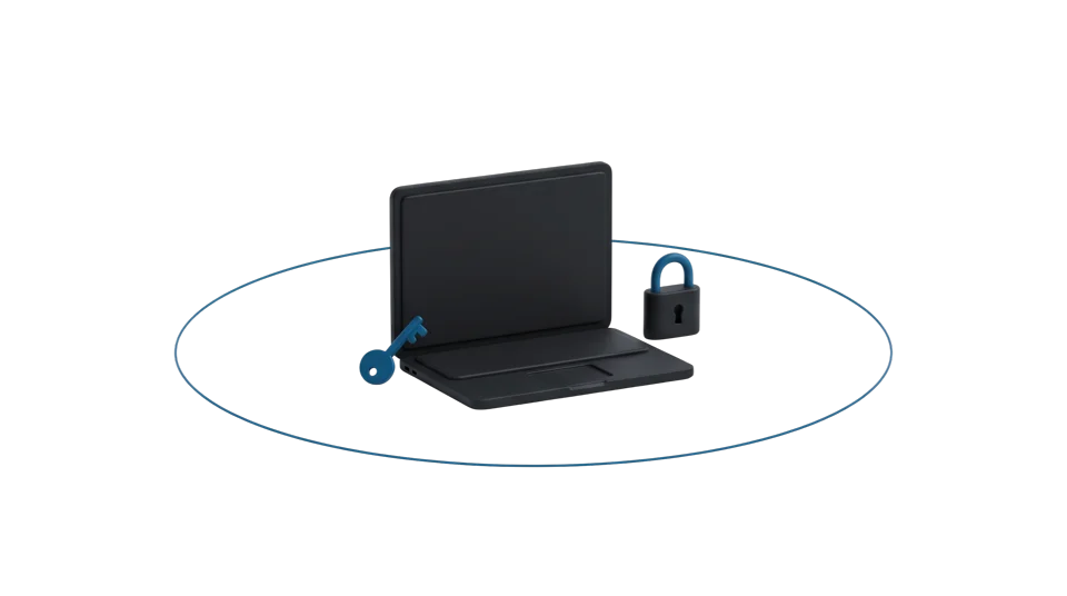 A laptop encircled by a boundary line, with a key and a padlock.