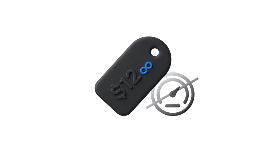 A flat $12 price tag with an infinity symbol beside a crossed-out meter.