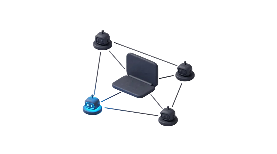 Several AI employees connected to a laptop hub, handing work to each other.