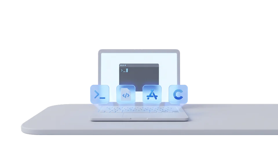 A laptop running a terminal and real apps.