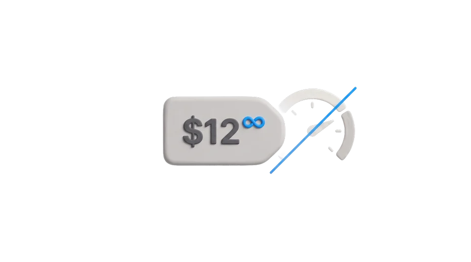 A flat $12 price tag with an infinity symbol beside a crossed-out meter.