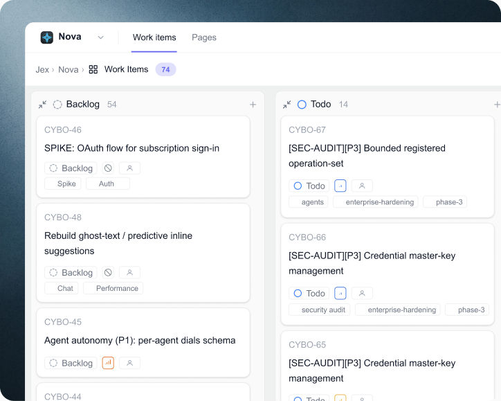 The Cyborg7 work-item board — AI agents triage, plan, and execute tasks across Backlog and Todo