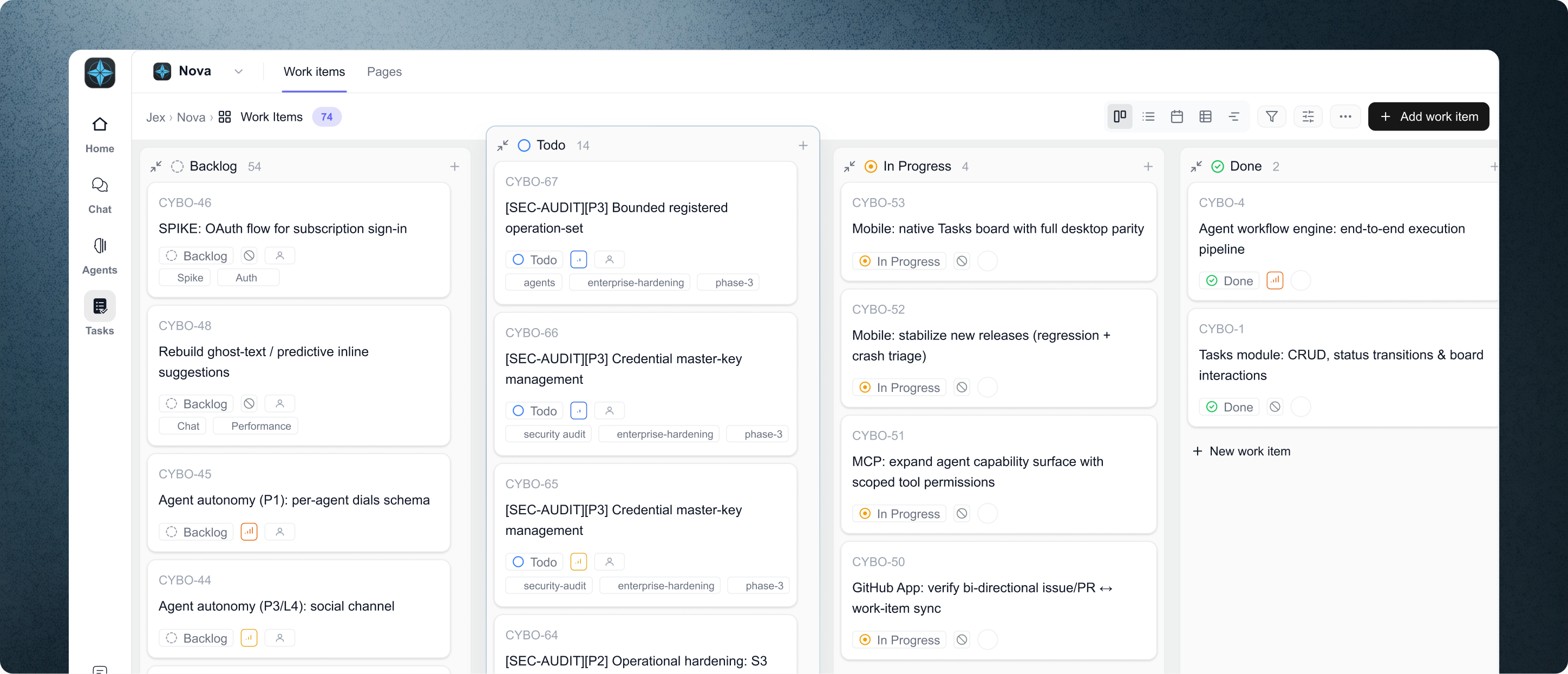 The Cyborg7 work-item board — AI agents triage, plan, and execute tasks across Backlog, Todo, In Progress, and Done