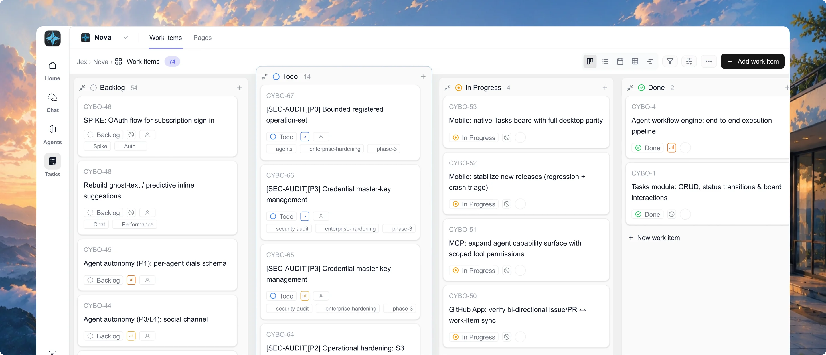 The Cyborg7 work-item board — AI agents triage, plan, and execute tasks across Backlog, Todo, In Progress, and Done