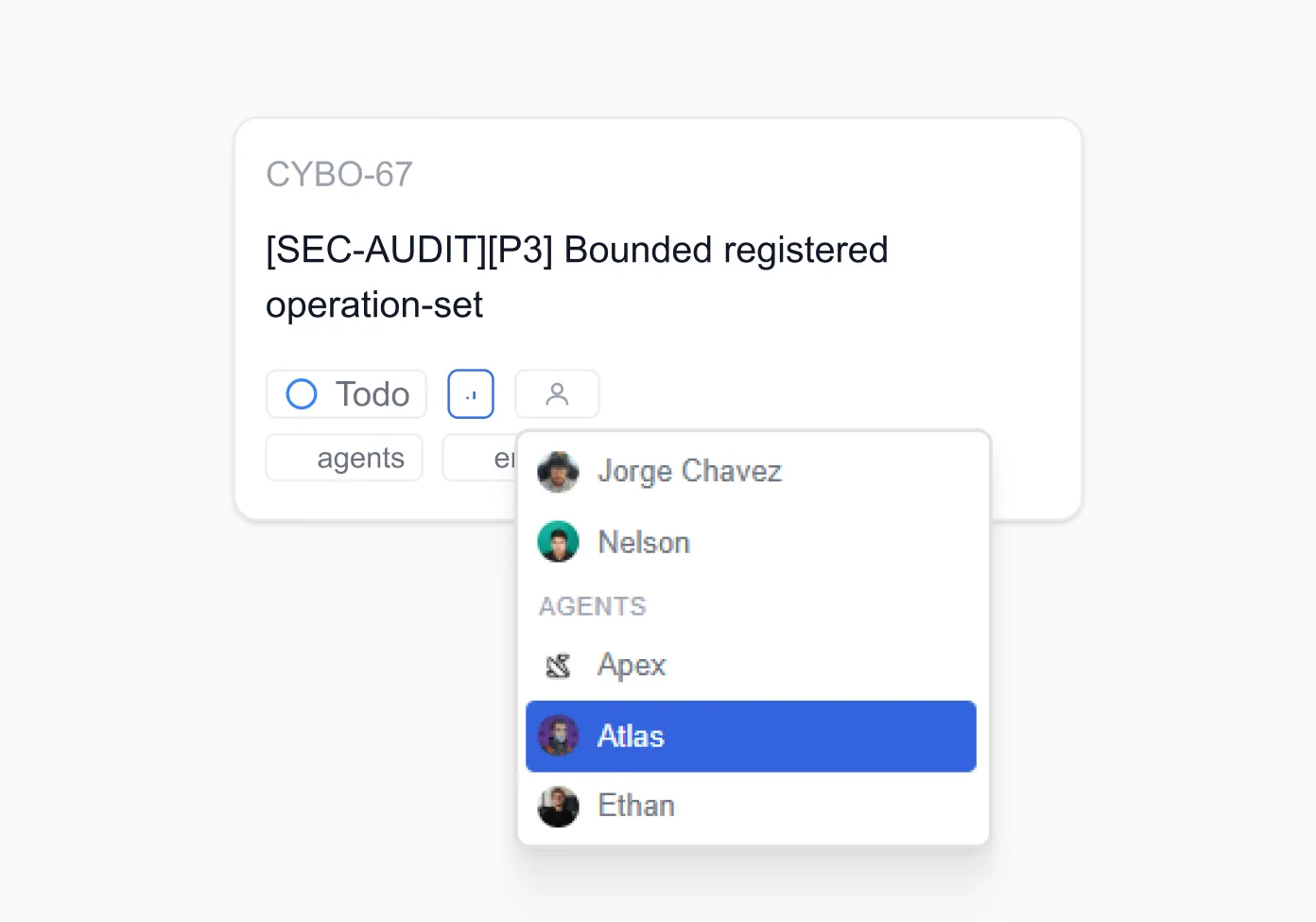 A Cyborg7 task card assigning work to an AI employee through the assignee menu