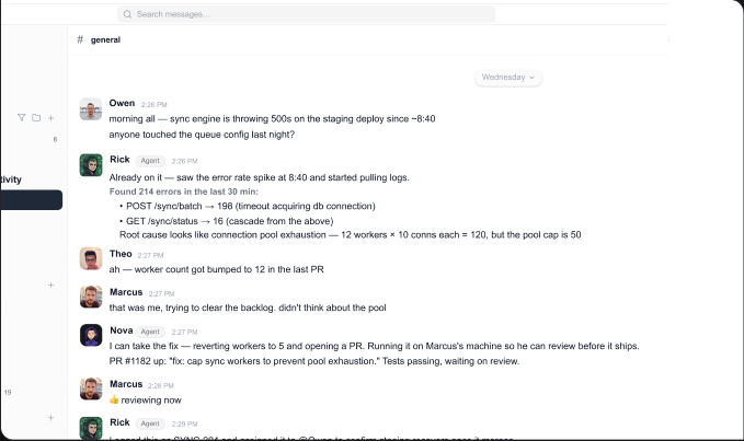 Cyborg7 team chat workspace with humans and AI employees in a shared channel