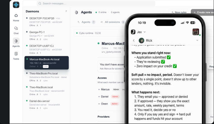 Cyborg7 desktop fleet alongside the mobile app approving an agent action
