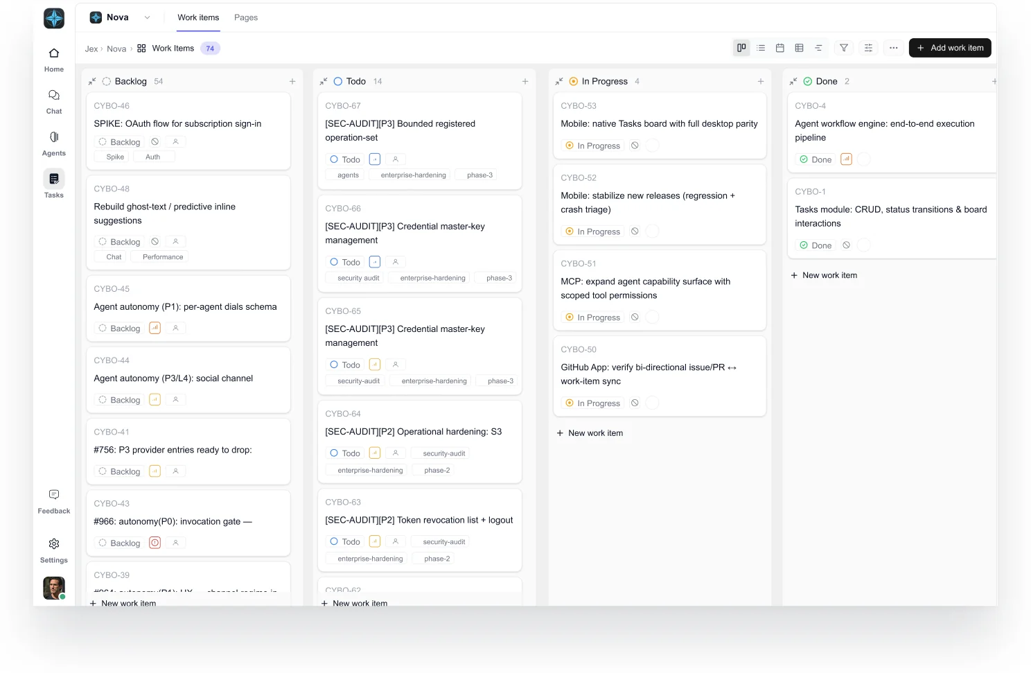 Cyborg7 task board with work items across Backlog, Todo, and In Progress columns