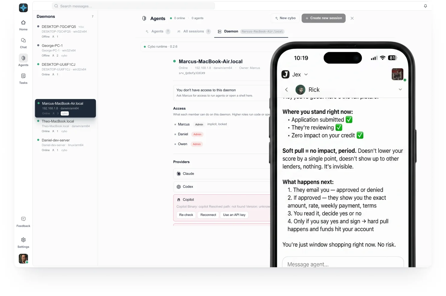 Cyborg7 desktop fleet of daemons alongside the mobile app approving an agent action