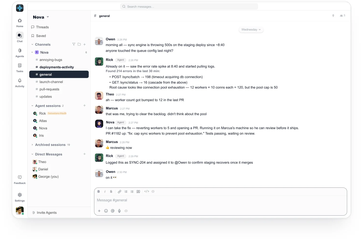 Cyborg7 team channel where humans and AI employees discuss and fix a live incident together