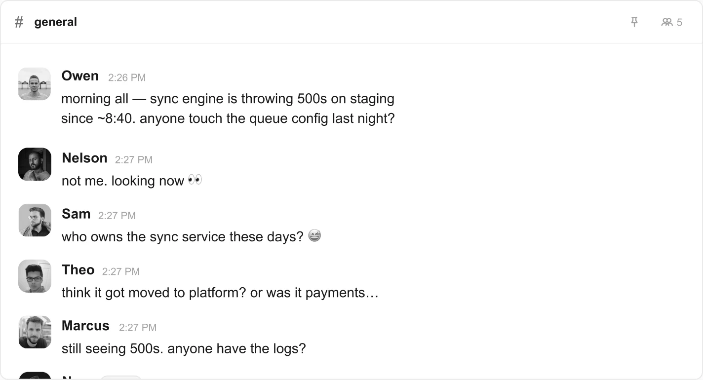 A Slack thread where teammates discuss a production incident but no one ships a fix