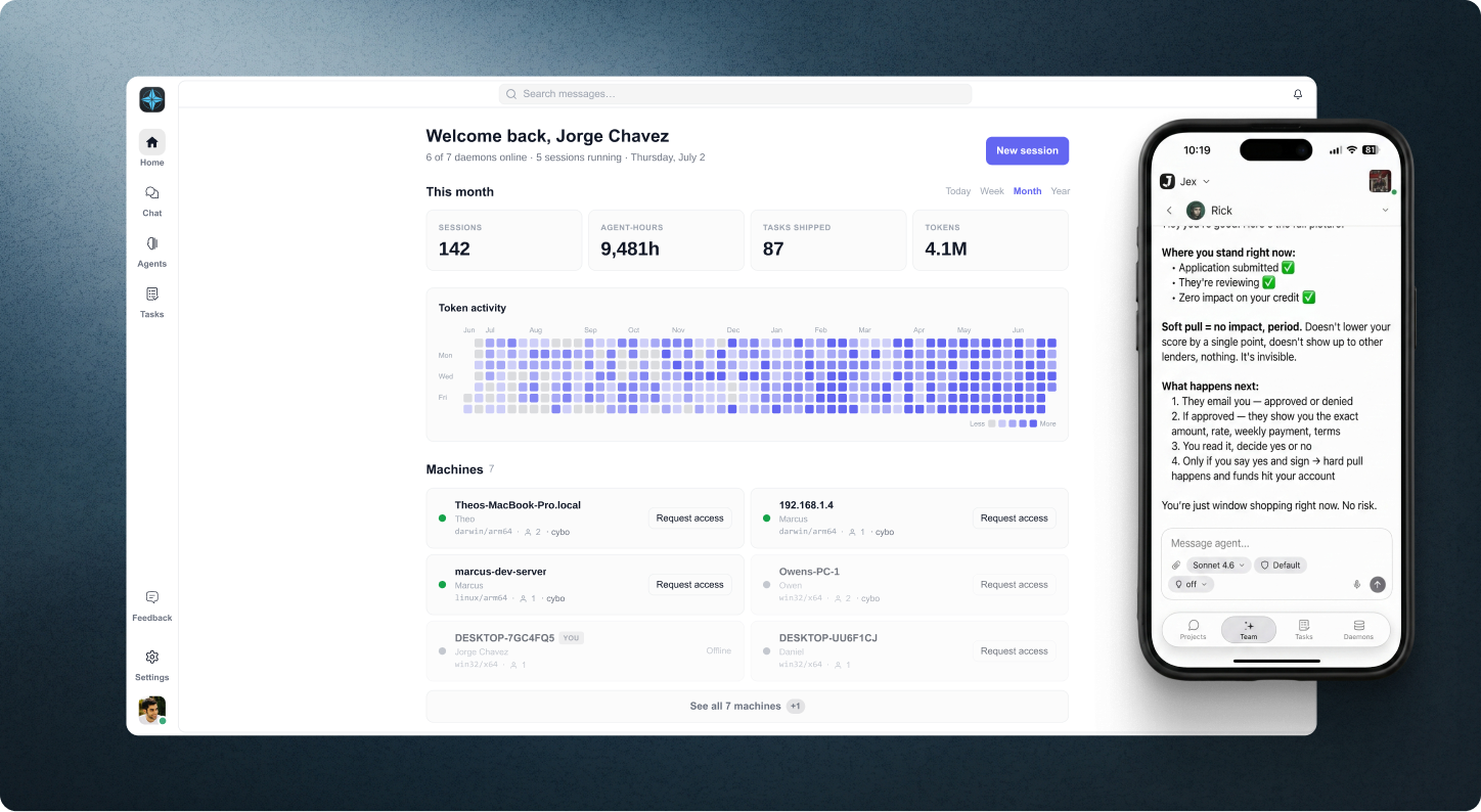 The Cyborg7 desktop and mobile apps — a shared workspace of daemons, sessions, and agents