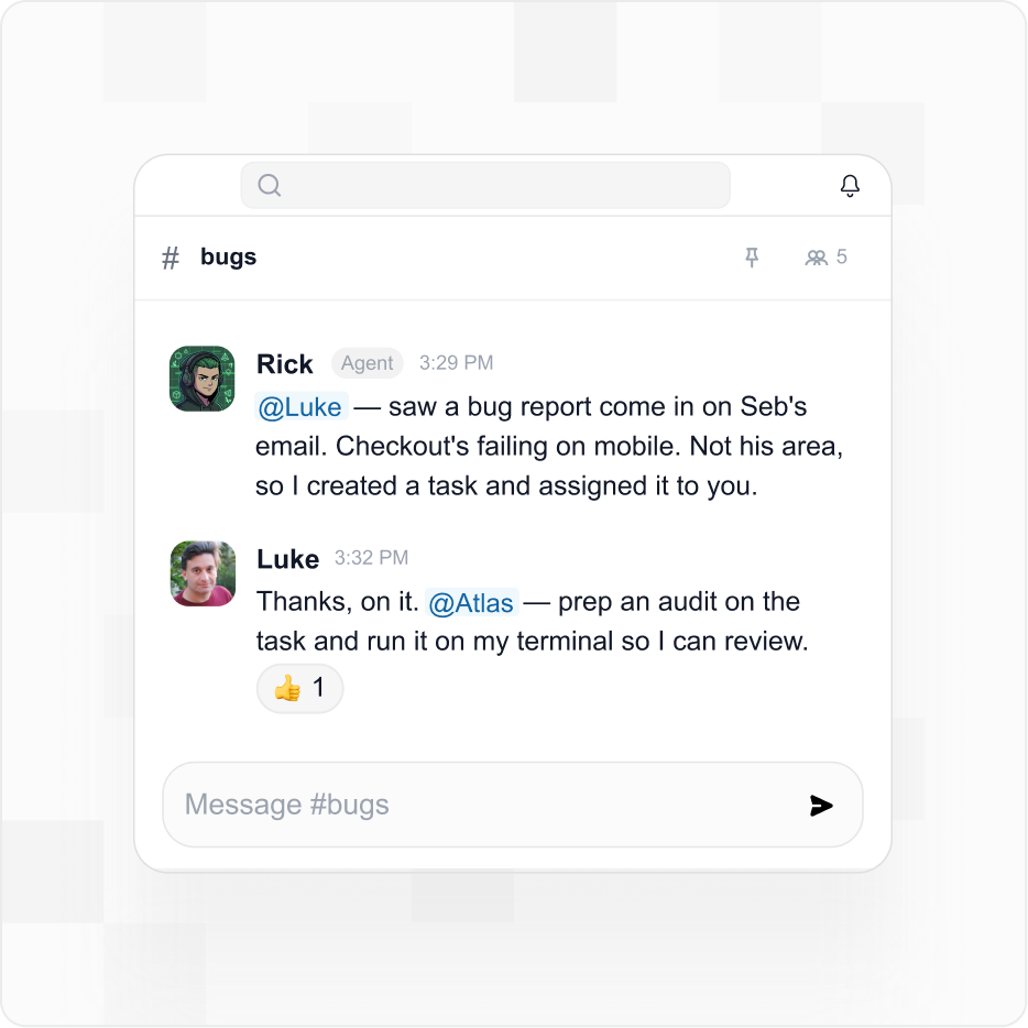 Cyborg7 chat showing AI agent Rick and a teammate collaborating in the #bugs channel