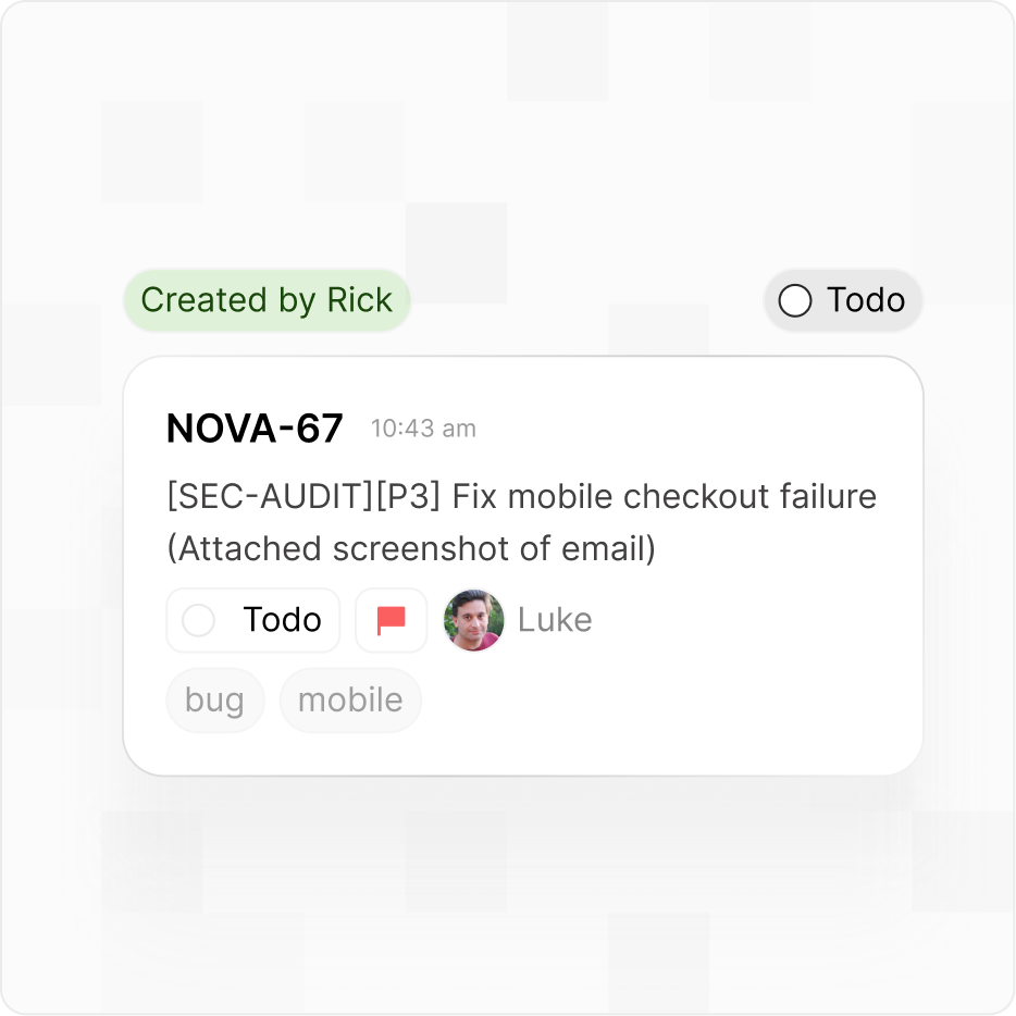 A task card NOVA-67 created by an agent and assigned across the team