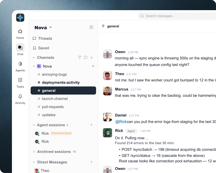 The Cyborg7 workspace — shared channels where humans and AI agents collaborate