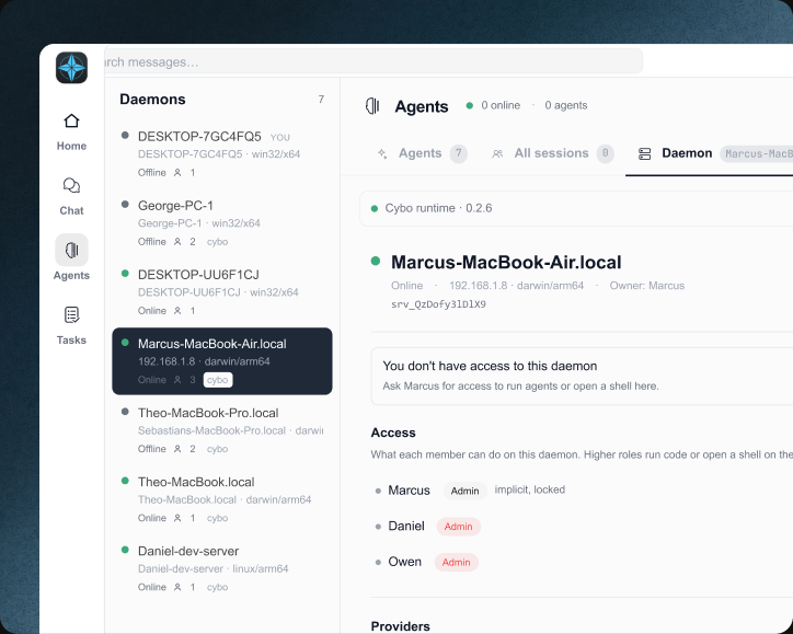 Cyborg7 daemon dashboard — a teammate's machine with its access controls and providers