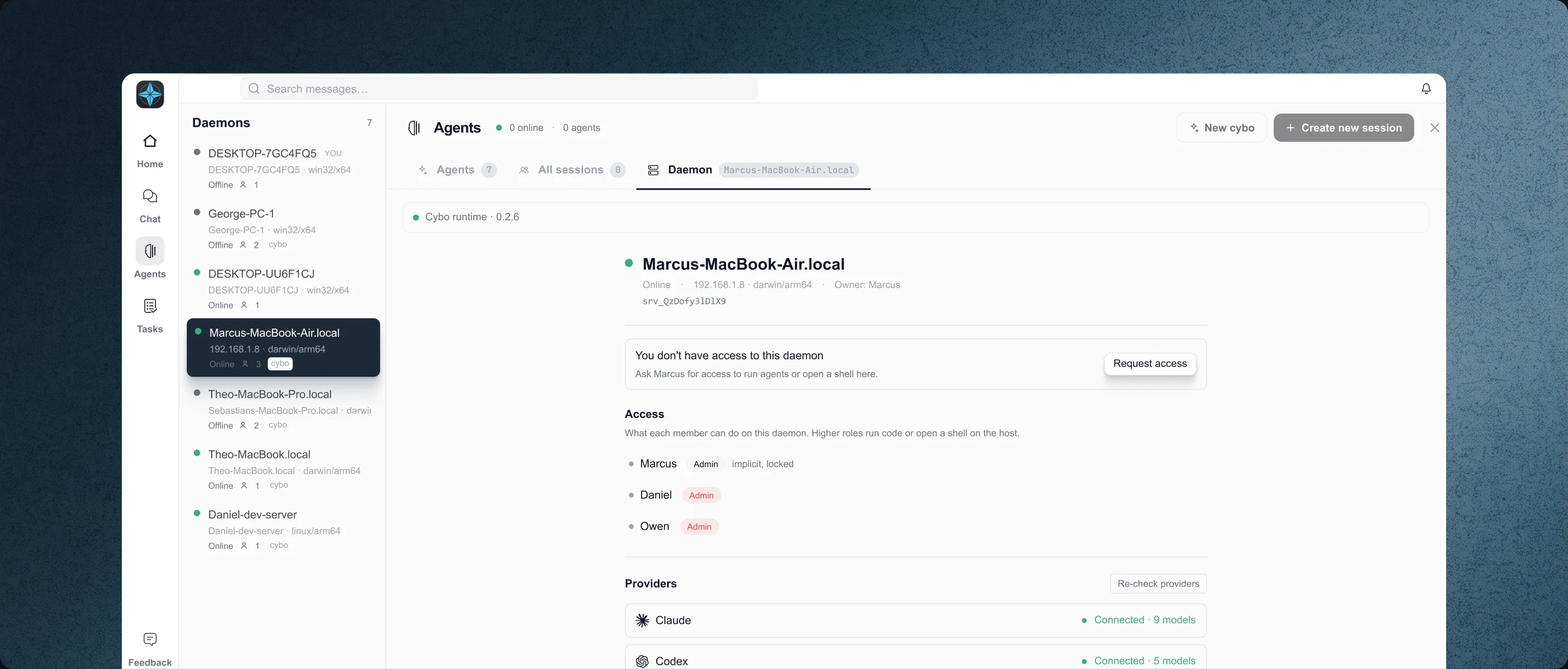 Cyborg7 daemon dashboard — a teammate's machine with its access controls and providers