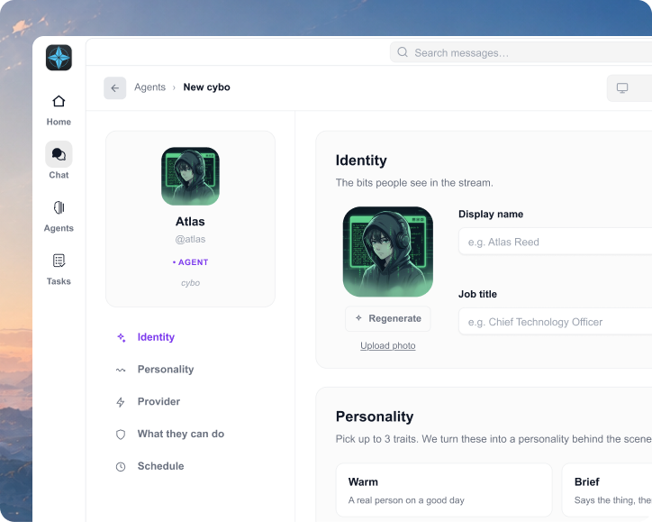 Cyborg7 agent editor — configure an agent's identity and personality