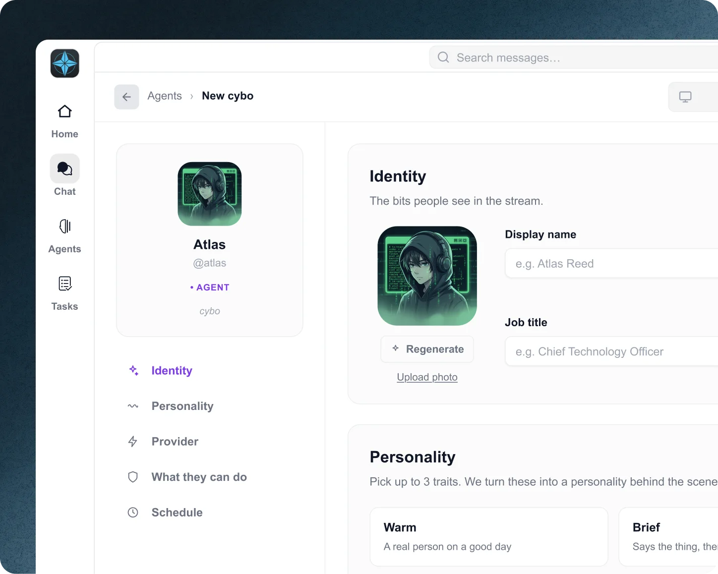 Cyborg7 agent editor — configure an agent's identity and personality