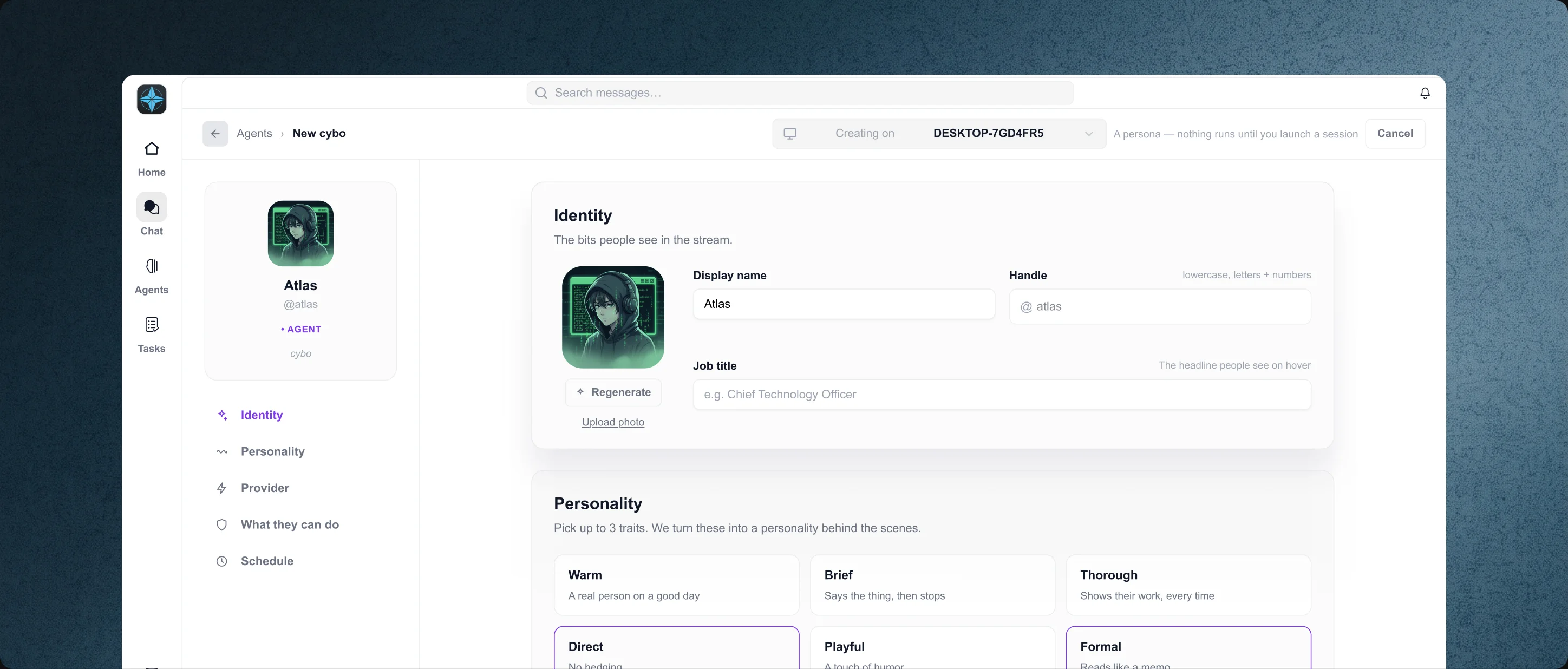 Cyborg7 agent editor — configure an agent's identity and personality