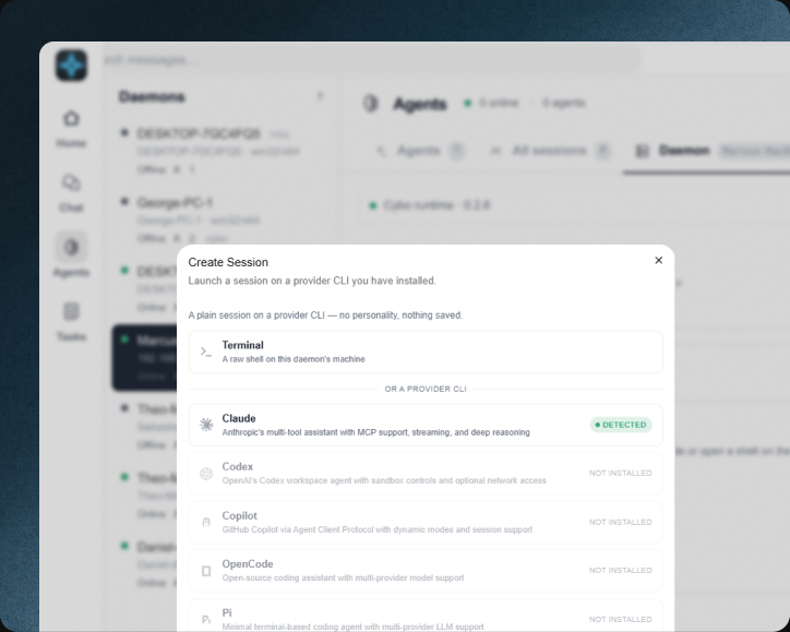 Cyborg7 Create Session dialog — launch a terminal or an AI agent such as Claude or Codex