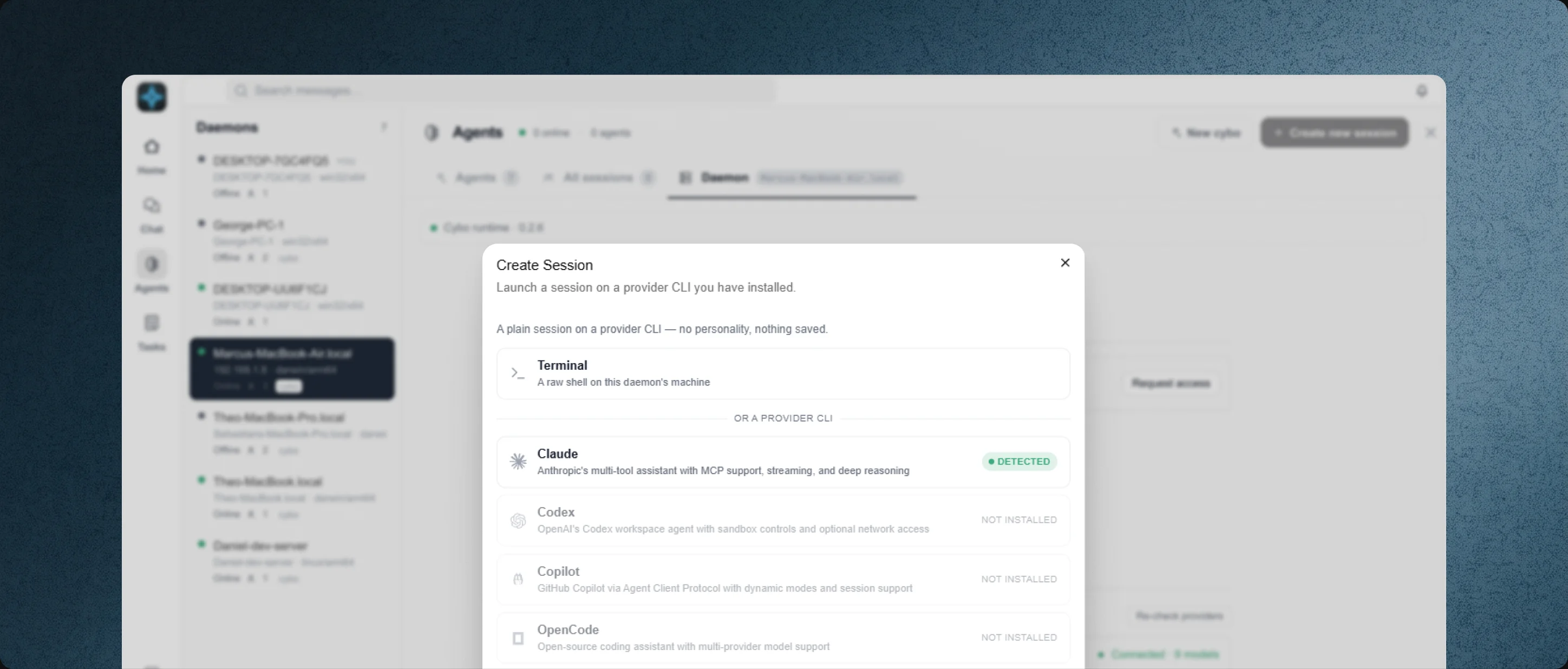 Cyborg7 Create Session dialog — launch a terminal or an AI agent such as Claude or Codex